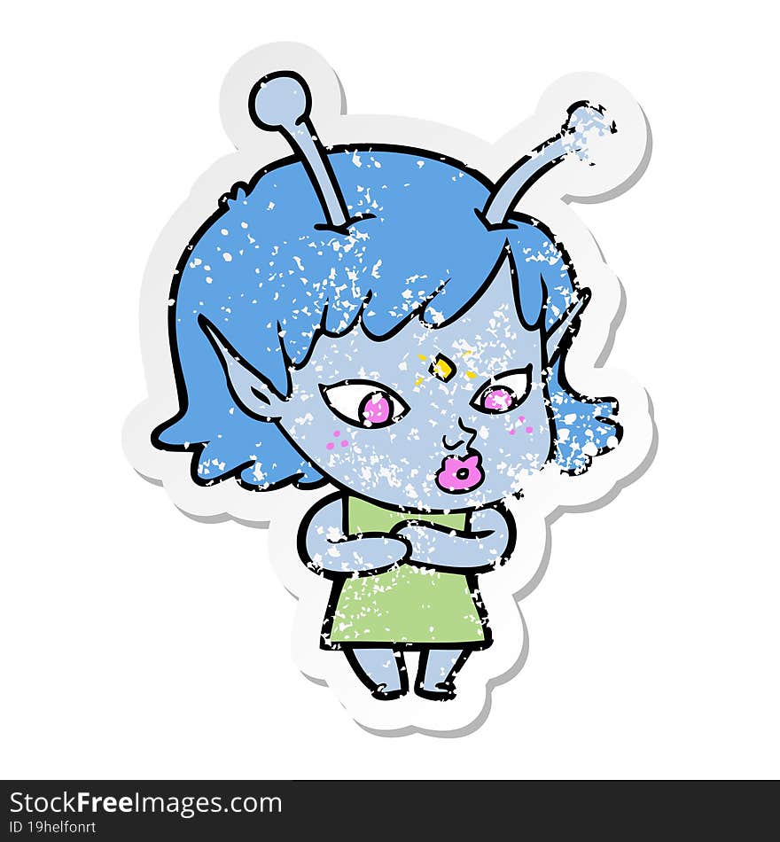 Distressed Sticker Of A Pretty Cartoon Alien Girl