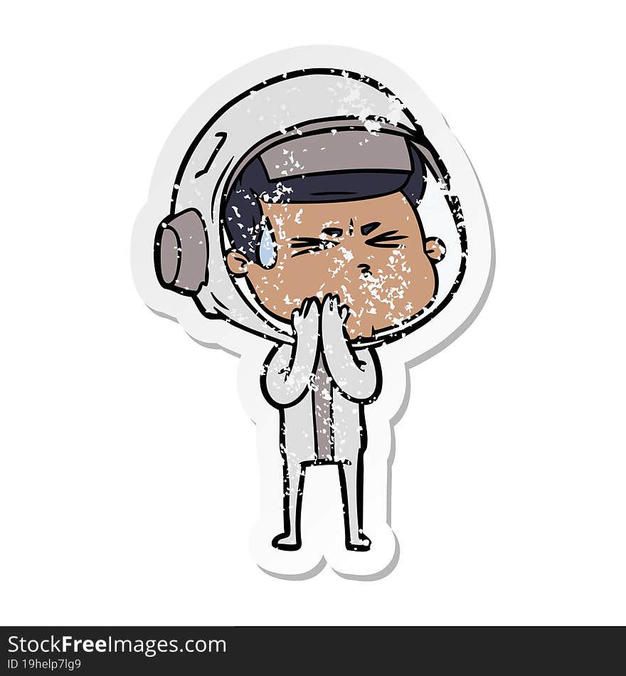 distressed sticker of a cartoon stressed astronaut