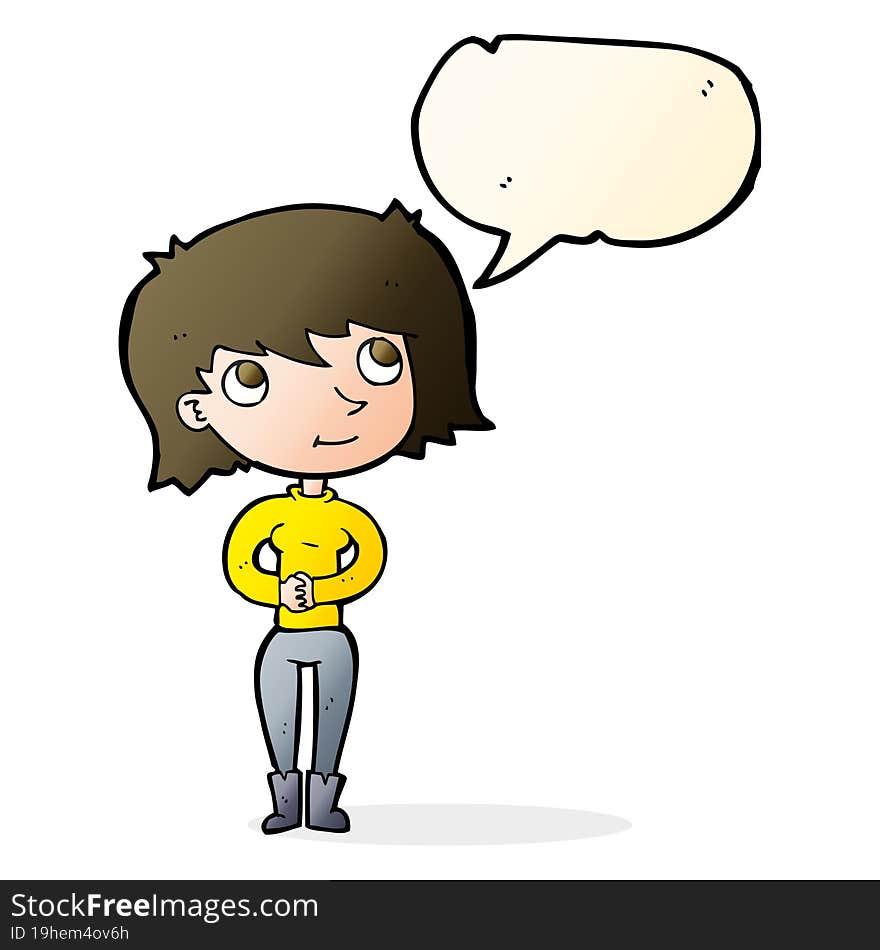 cartoon friendly woman with speech bubble