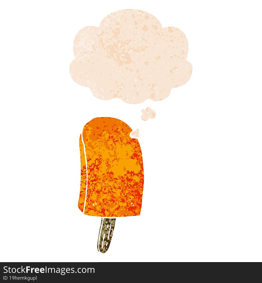 cartoon ice lolly and thought bubble in retro textured style