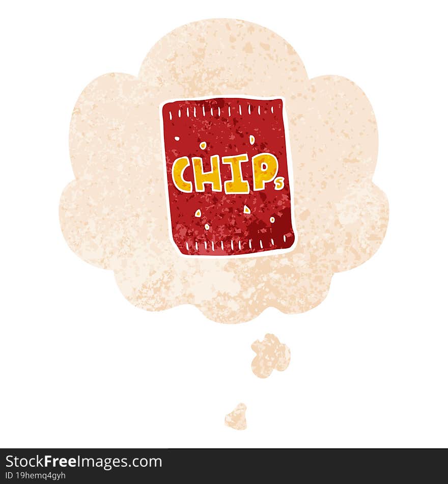 cartoon packet of chips and thought bubble in retro textured style