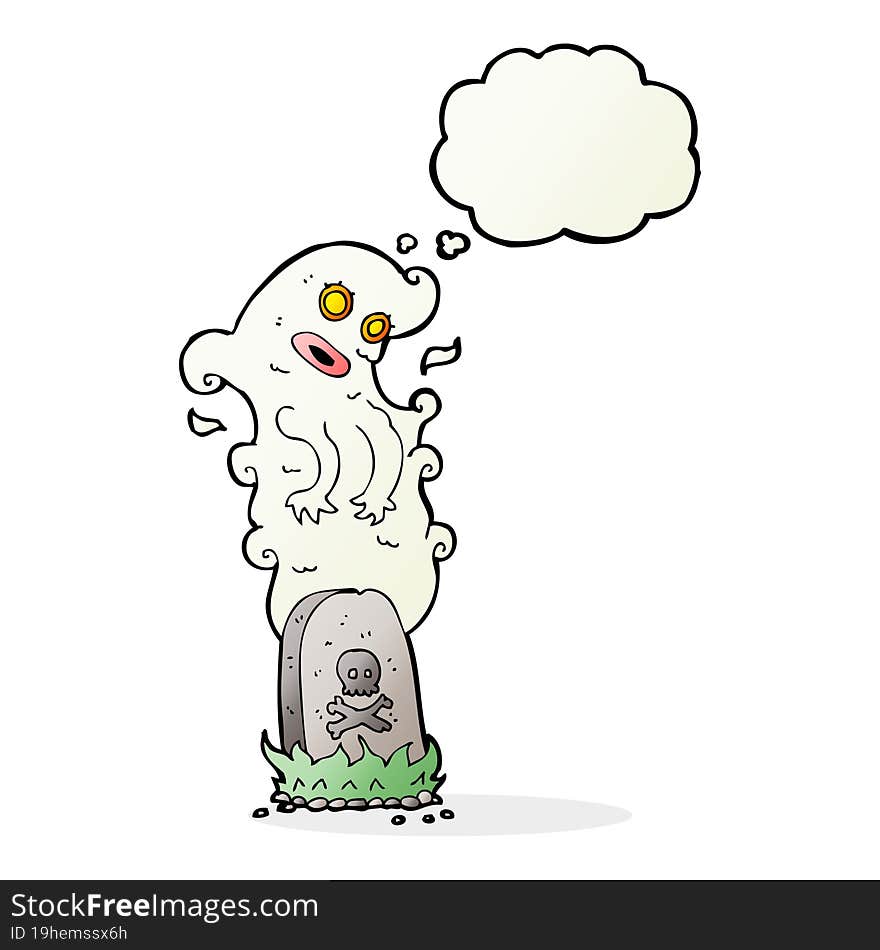 Cartoon Ghost Rising From Grave With Thought Bubble