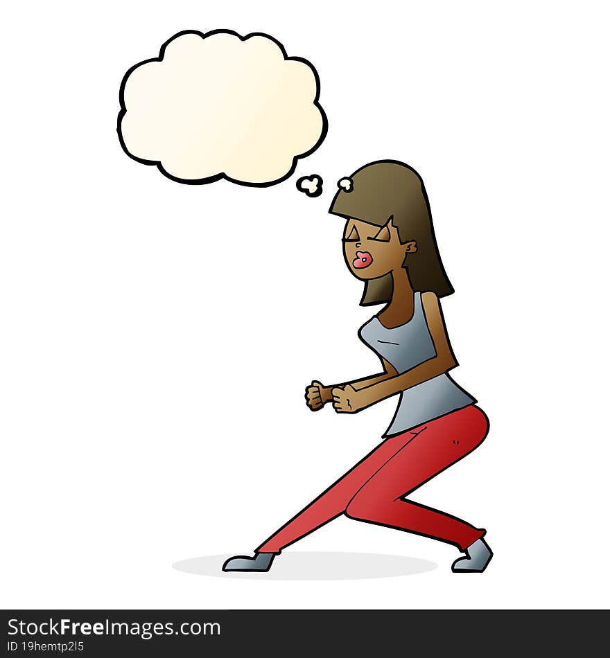 cartoon crazy dancing girl with thought bubble