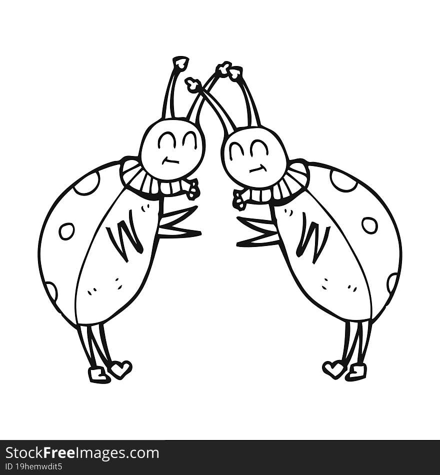 freehand drawn black and white cartoon ladybugs greeting