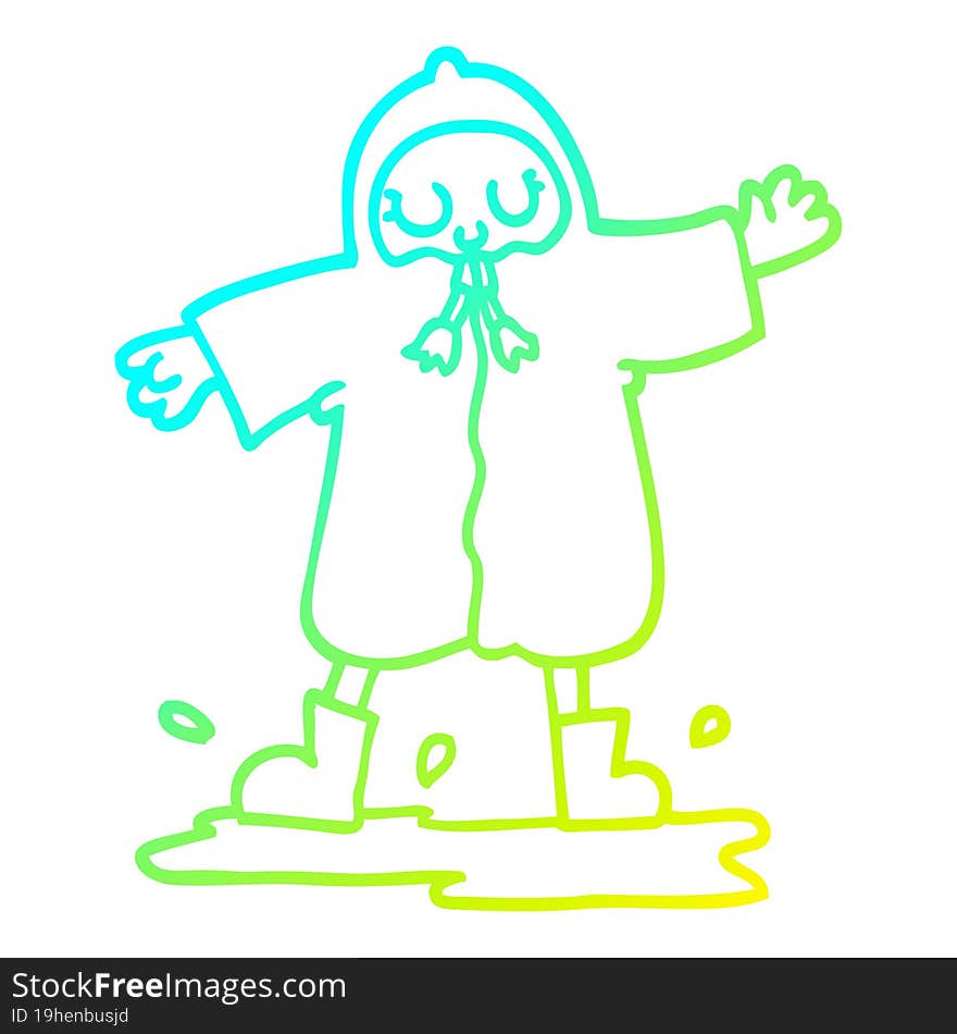 cold gradient line drawing of a cartoon person splashing in puddle wearing rain coat