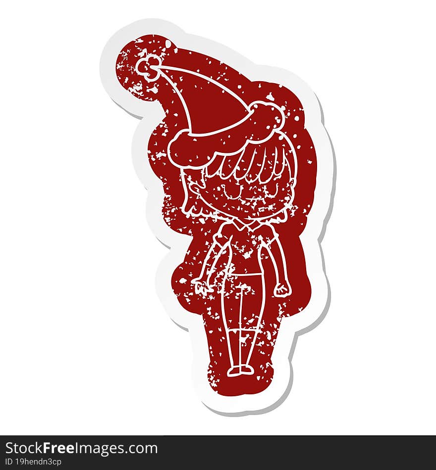 quirky cartoon distressed sticker of a woman wearing santa hat