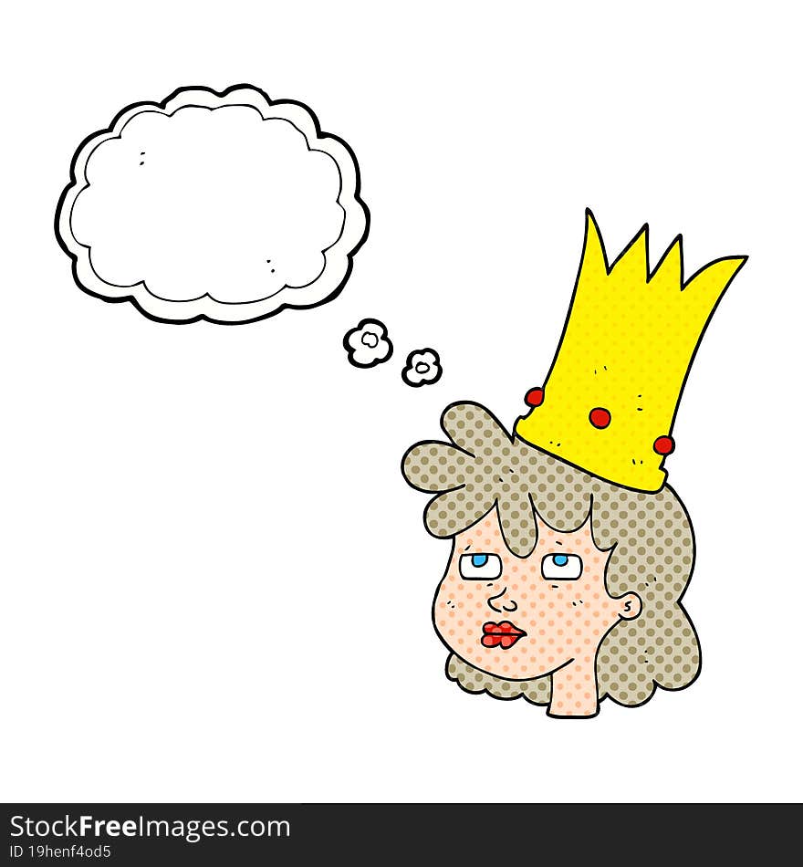 freehand drawn thought bubble cartoon queen with crown