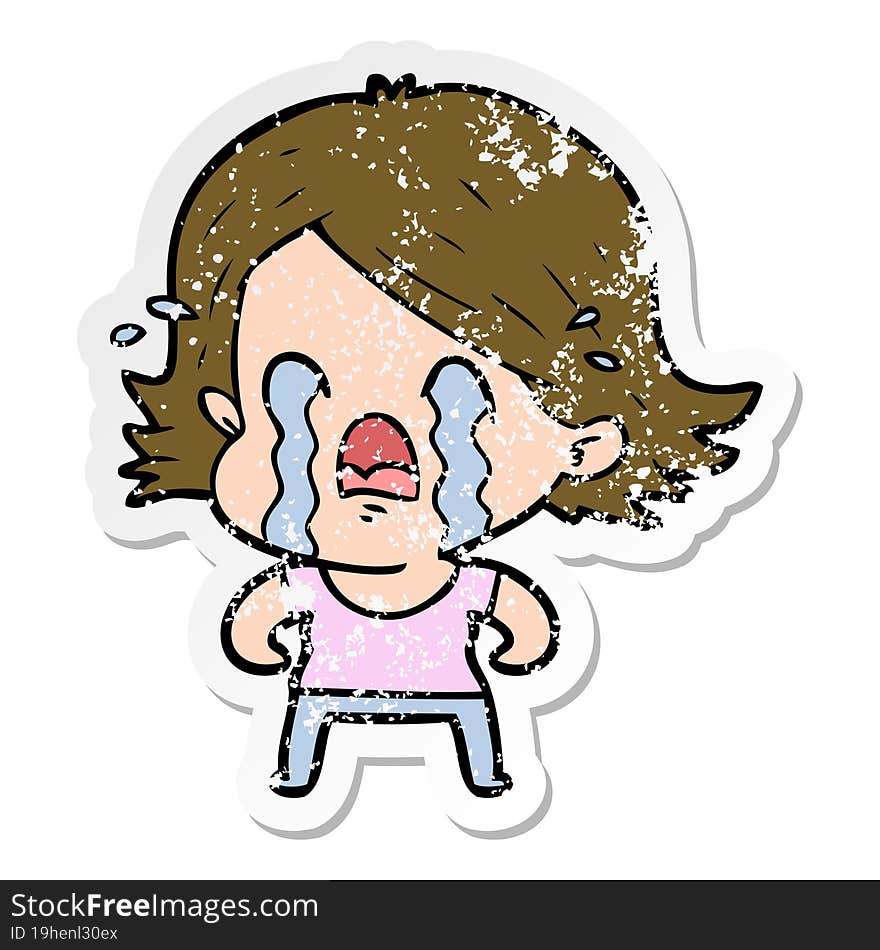 Distressed Sticker Of A Cartoon Woman Crying