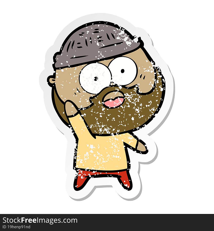 distressed sticker of a cartoon bearded man holding up hand