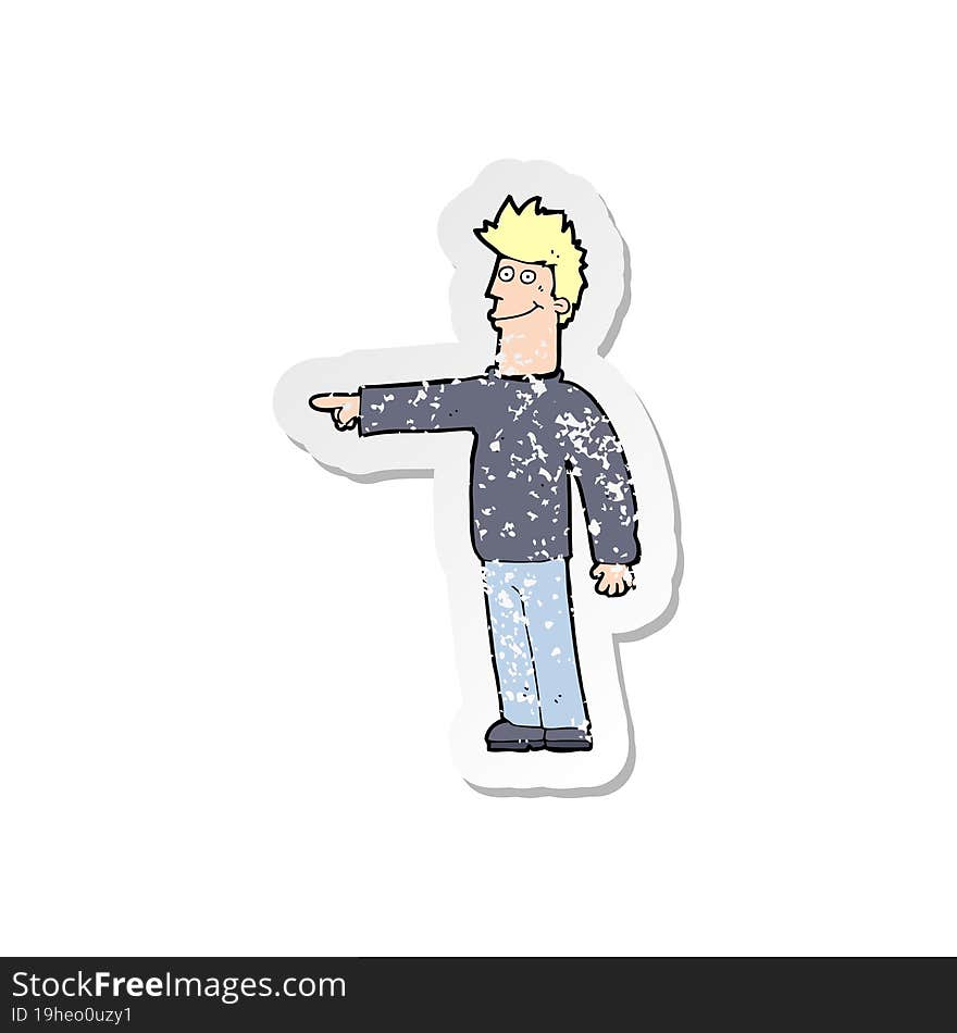 retro distressed sticker of a cartoon happy pointing man