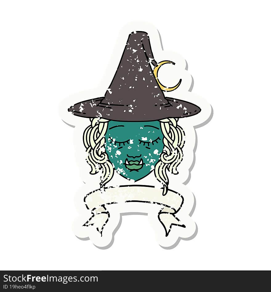 Retro Tattoo Style half orc witch character face with banner. Retro Tattoo Style half orc witch character face with banner