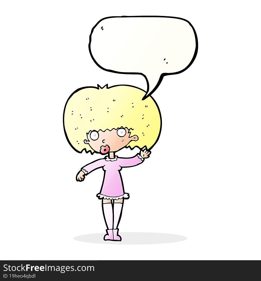 cartoon waving girl with speech bubble