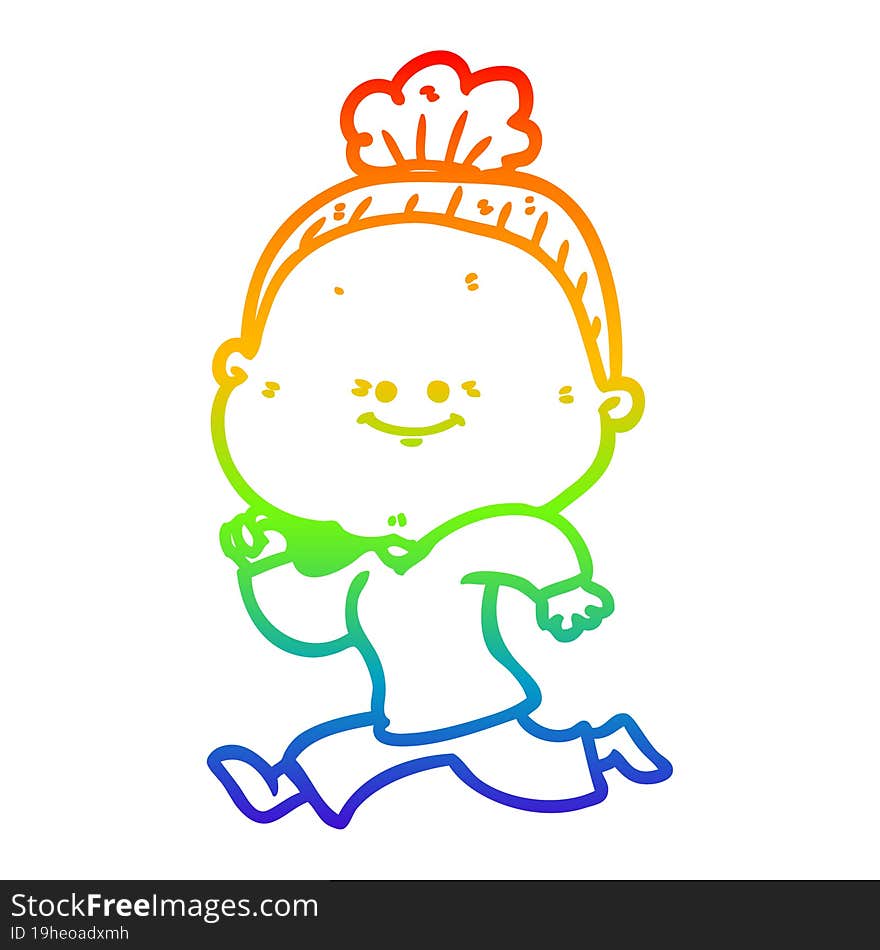 rainbow gradient line drawing of a cartoon happy old woman