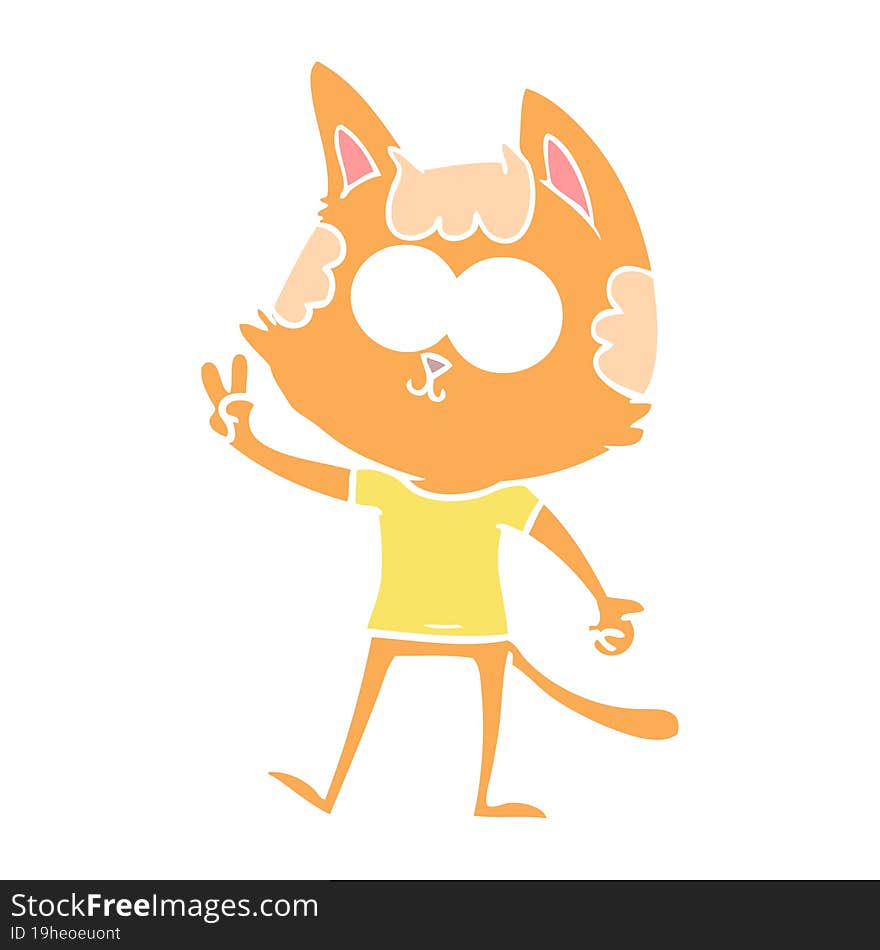 happy flat color style cartoon cat giving peace sign