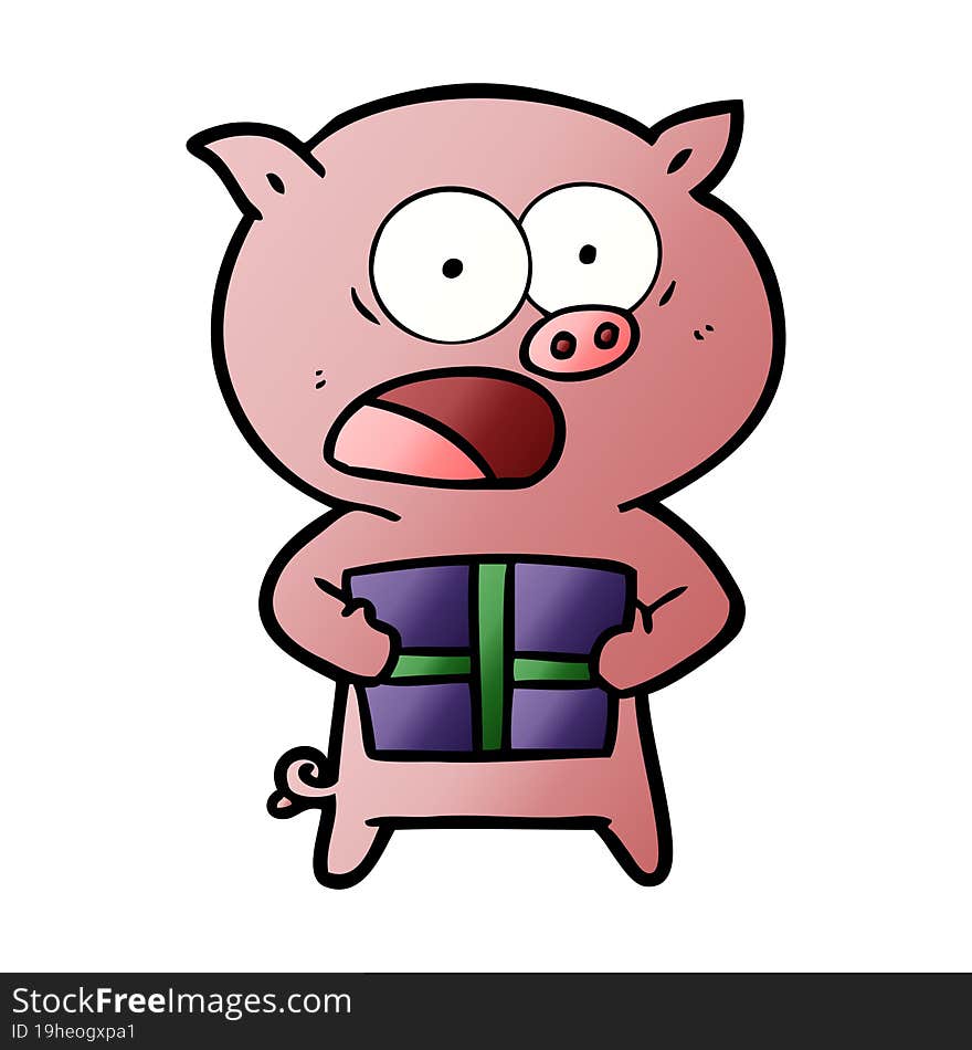 cartoon pig with christmas present. cartoon pig with christmas present