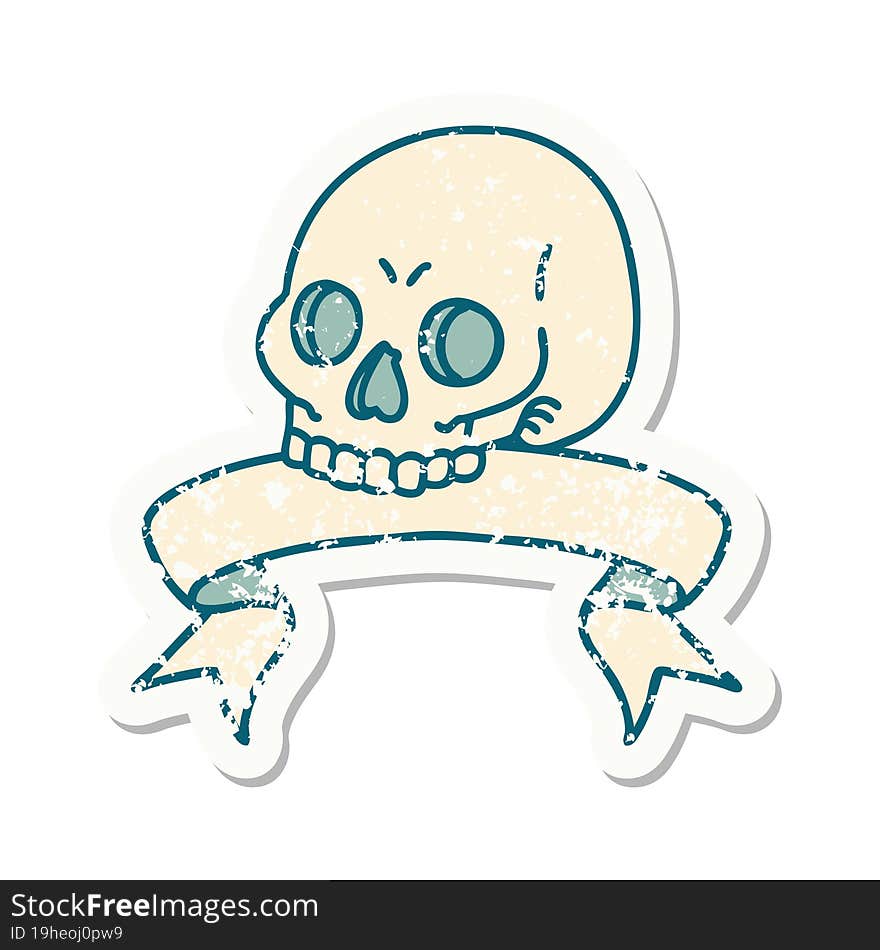 grunge sticker with banner of a skull