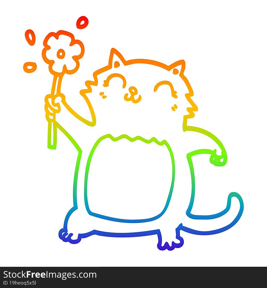 rainbow gradient line drawing cartoon cat with flower