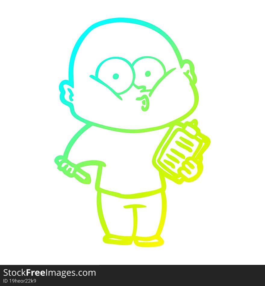 cold gradient line drawing of a cartoon bald man staring