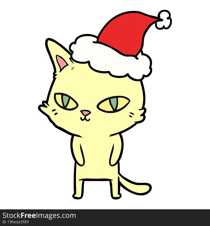 line drawing of a cat with bright eyes wearing santa hat