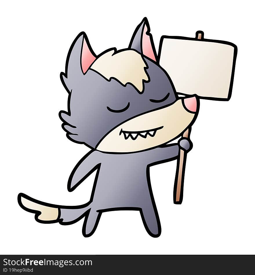 friendly cartoon wolf with blank sign. friendly cartoon wolf with blank sign