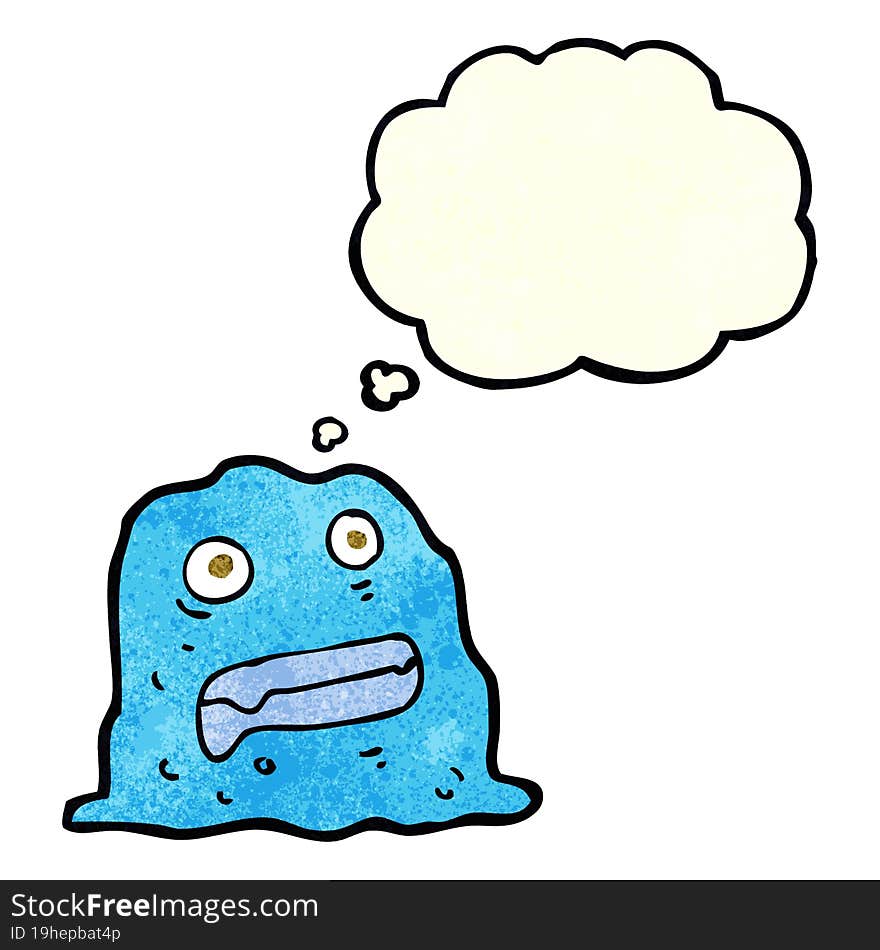 cartoon slime creature with thought bubble