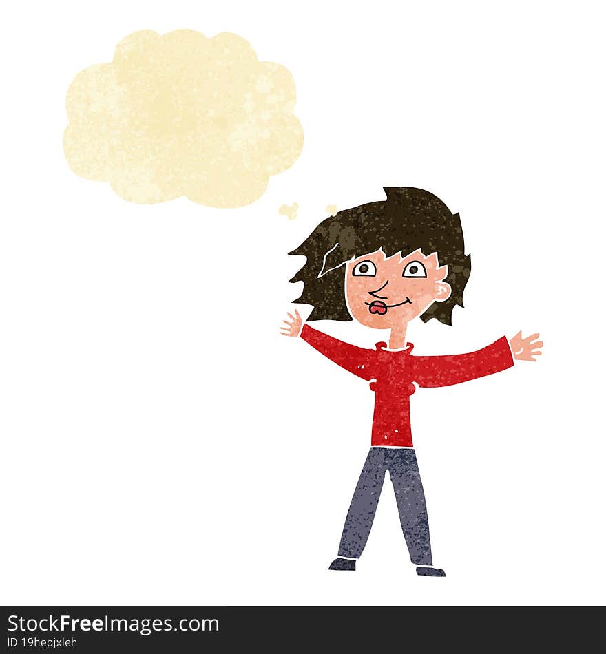 Cartoon Excited Woman Waving With Thought Bubble