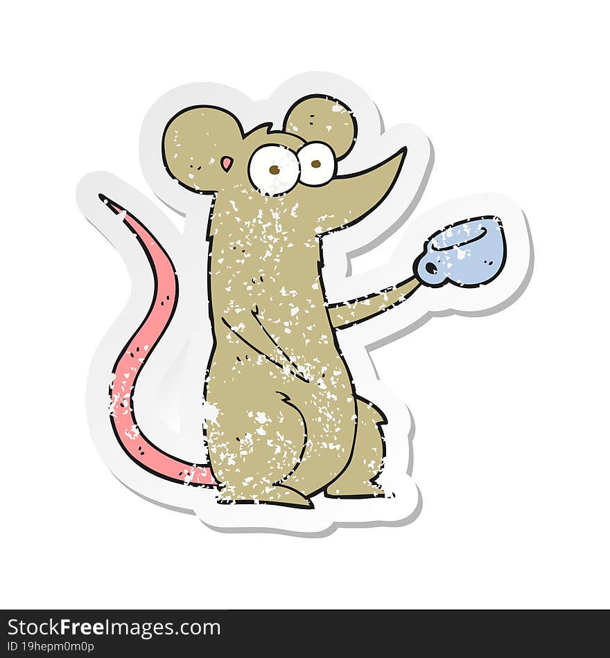 retro distressed sticker of a cartoon mouse with coffee cup