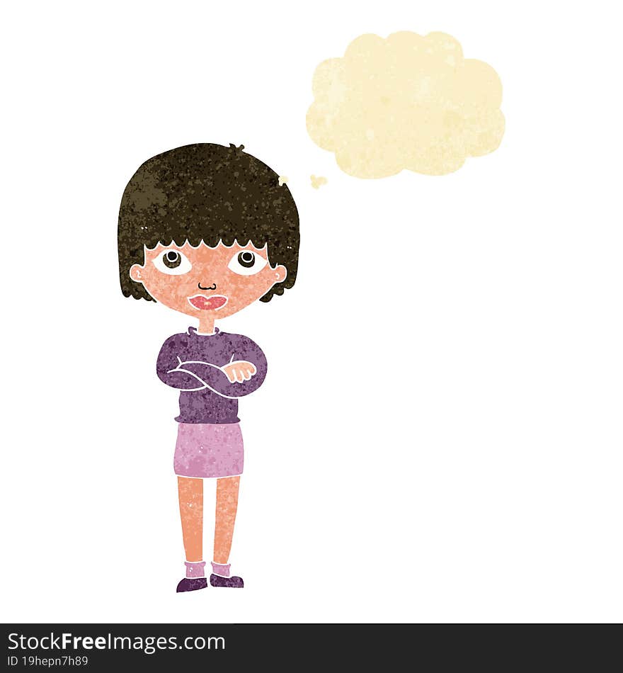 cartoon woman with folded arms with thought bubble