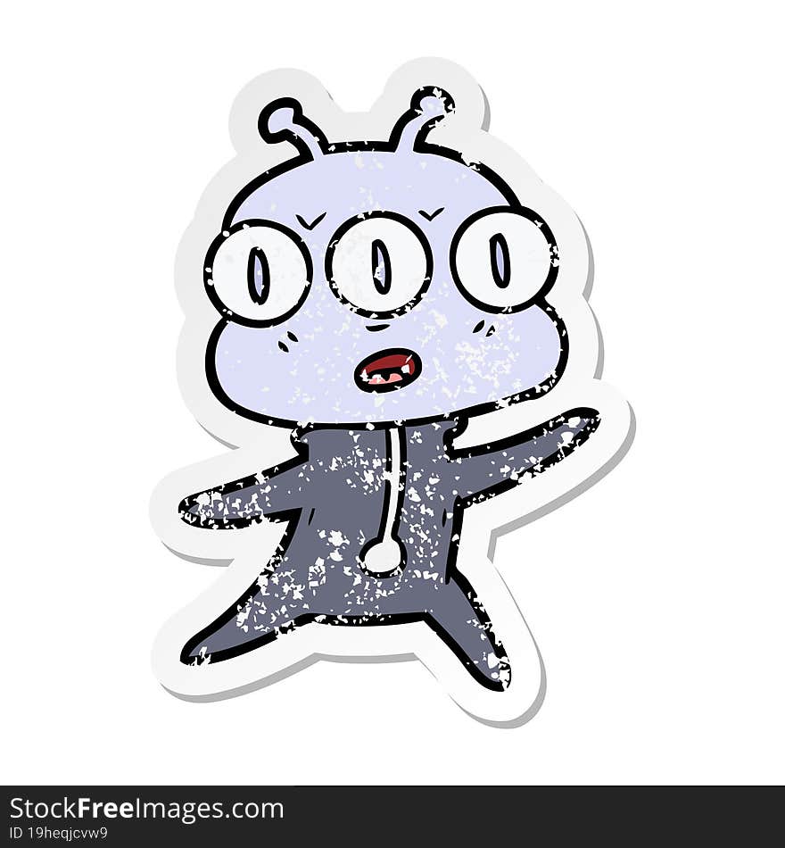 distressed sticker of a cartoon three eyed alien