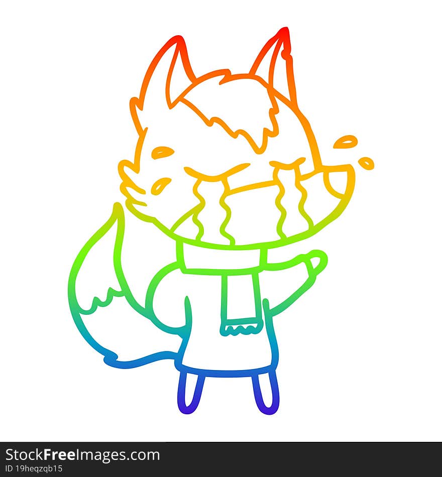 rainbow gradient line drawing of a cartoon crying wolf