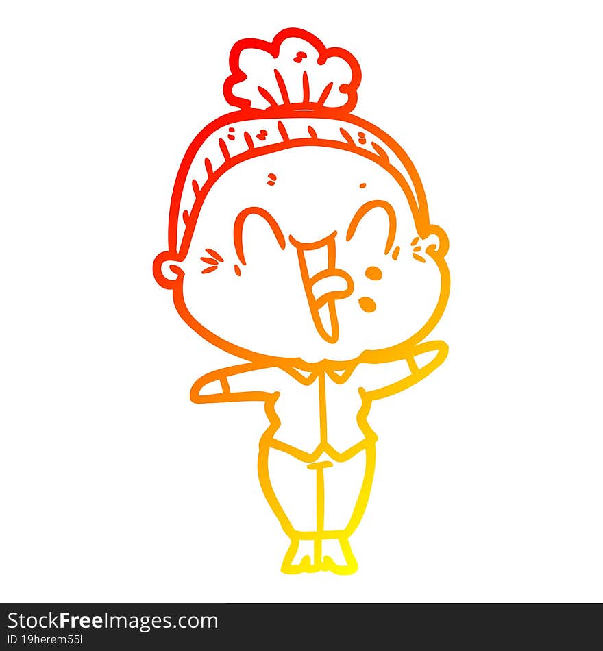 warm gradient line drawing of a cartoon happy old woman