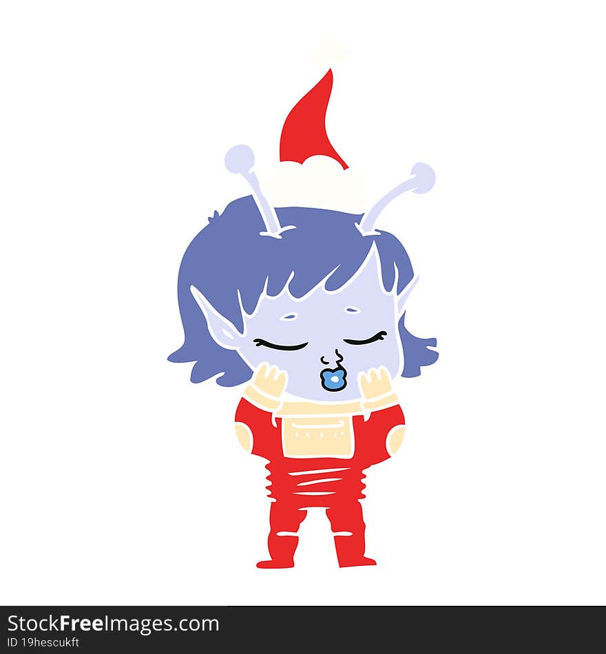 flat color illustration of a alien girl wearing santa hat