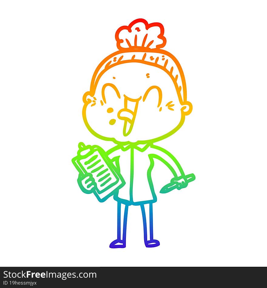 rainbow gradient line drawing of a cartoon happy old woman