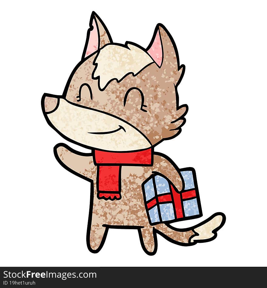 friendly cartoon wolf with present. friendly cartoon wolf with present