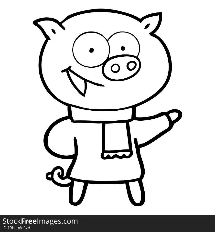 cheerful pig wearing winter clothes cartoon. cheerful pig wearing winter clothes cartoon