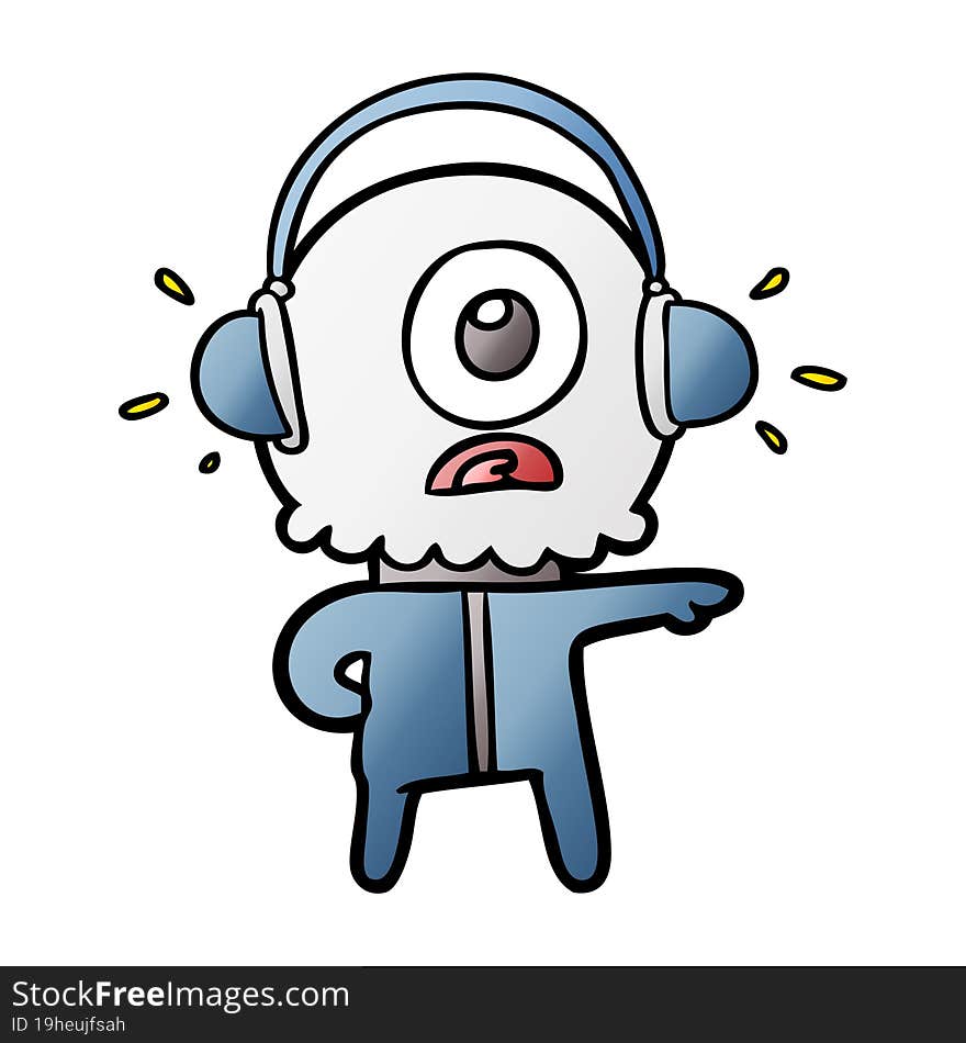 cartoon cyclops alien spaceman listening to music. cartoon cyclops alien spaceman listening to music