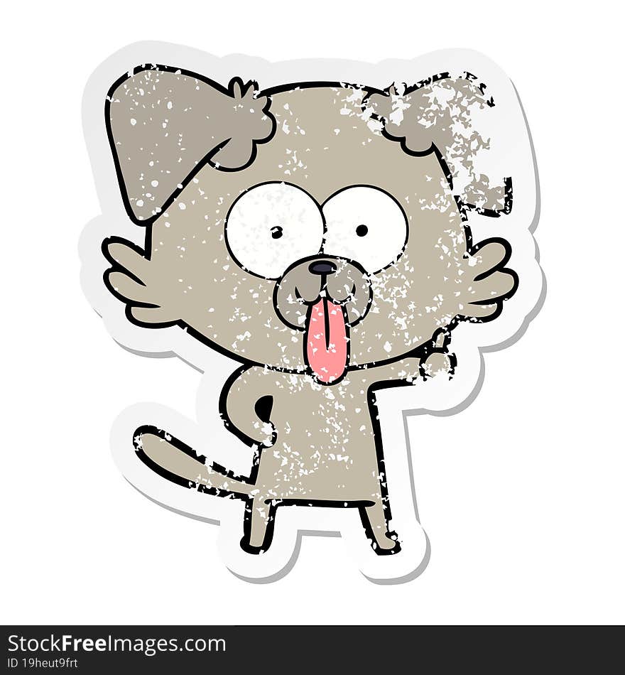 distressed sticker of a cartoon dog with tongue sticking out