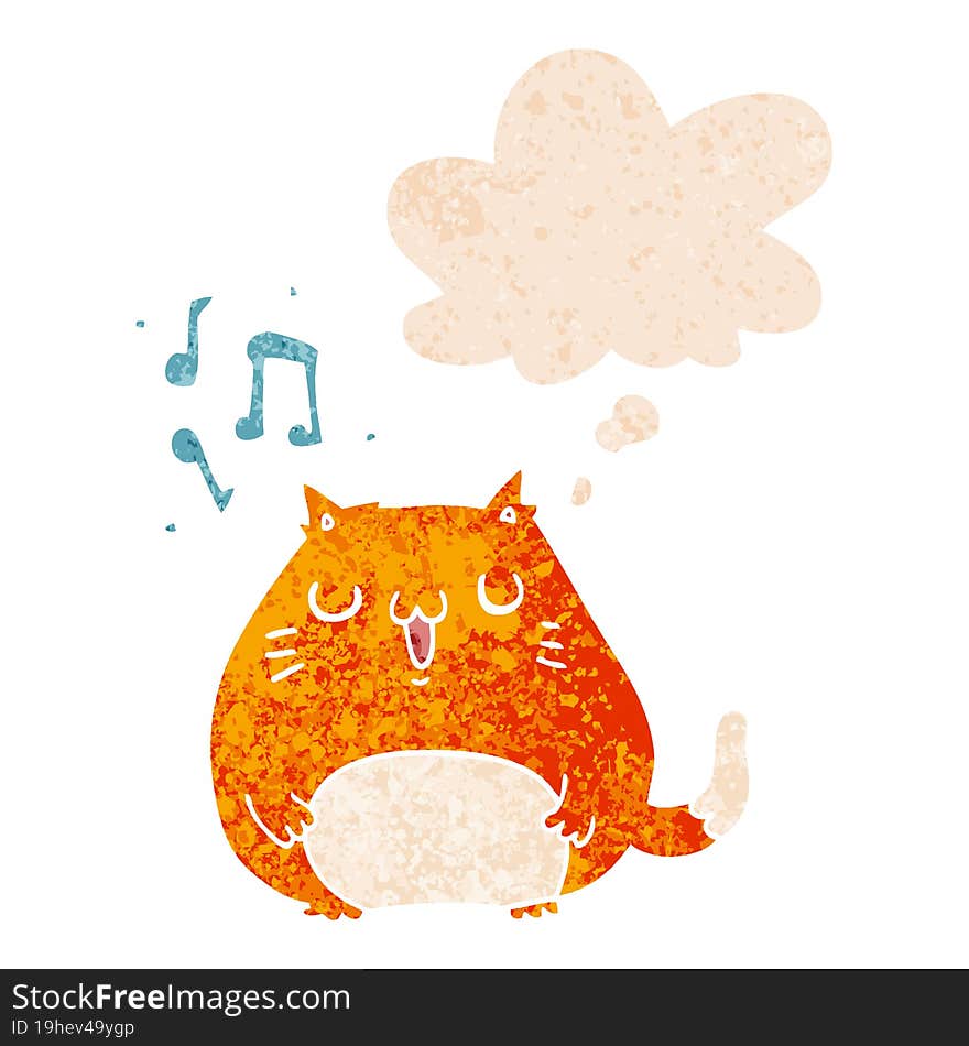 cartoon cat singing and thought bubble in retro textured style