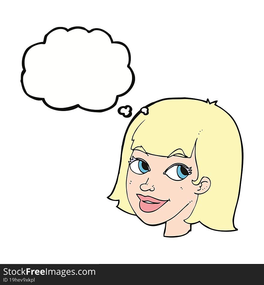 cartoon happy female face with thought bubble