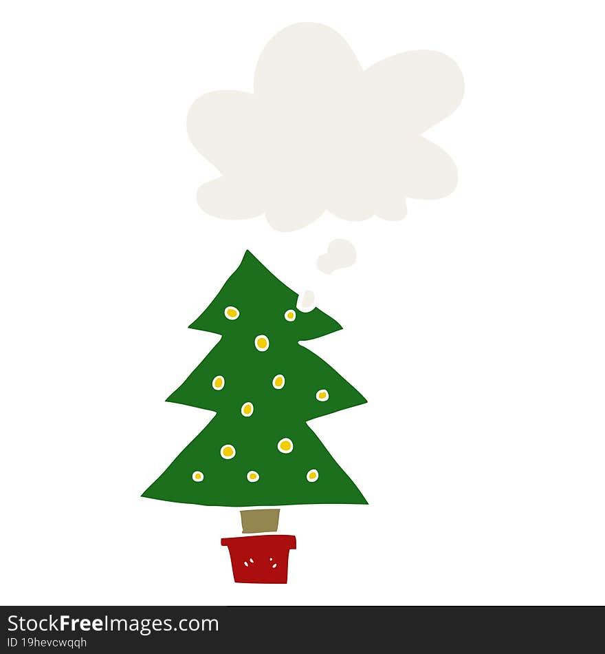 cartoon christmas tree and thought bubble in retro style