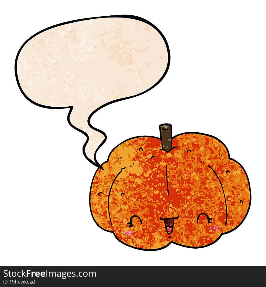 cartoon pumpkin and speech bubble in retro texture style