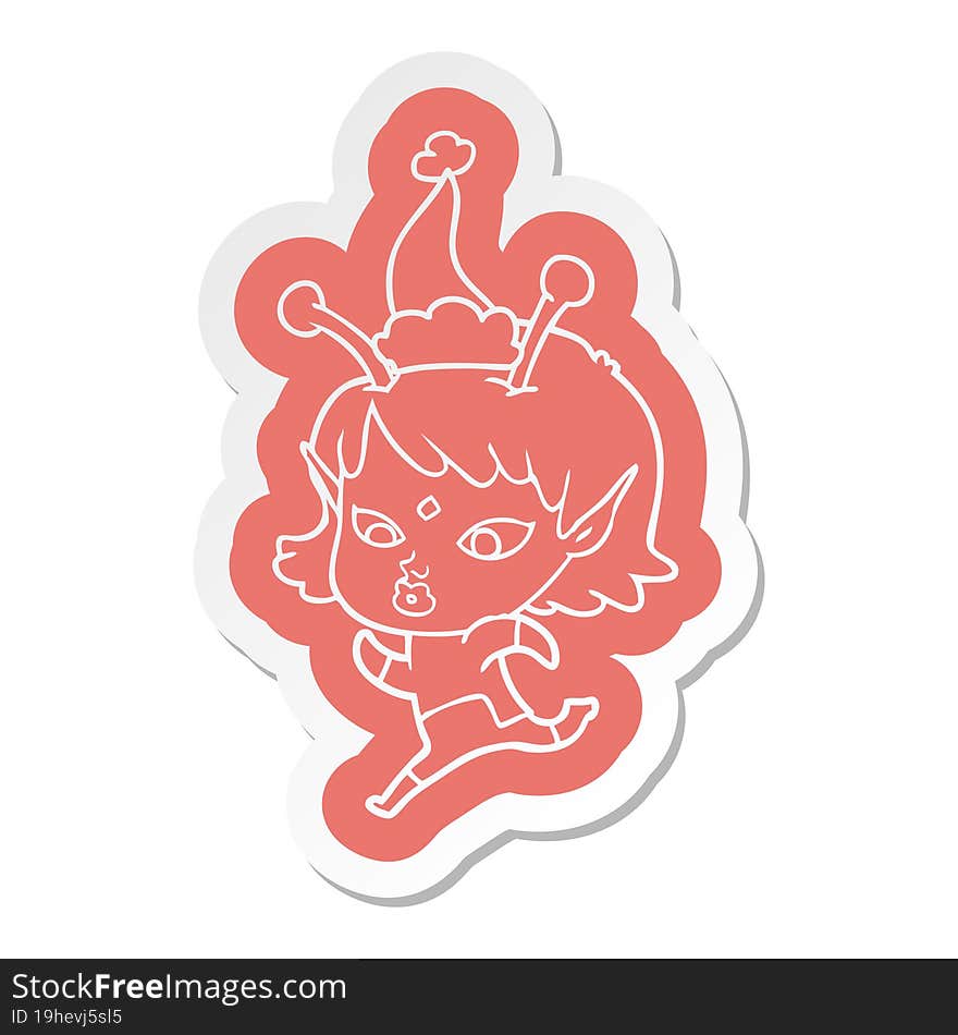 Pretty Cartoon  Sticker Of A Alien Girl Running Wearing Santa Hat