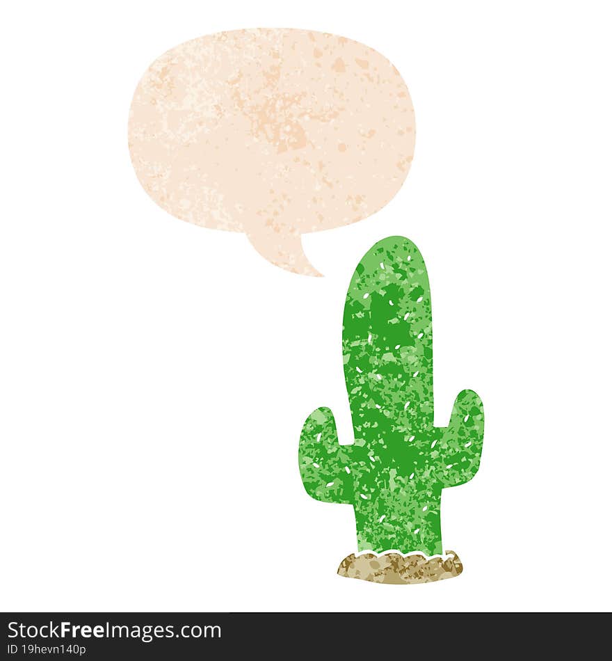 cartoon cactus and speech bubble in retro textured style