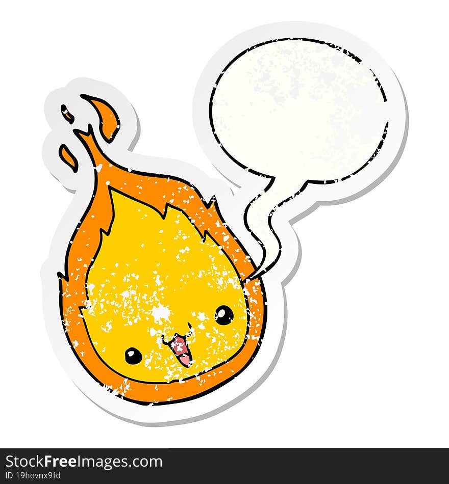 cute cartoon flame and speech bubble distressed sticker