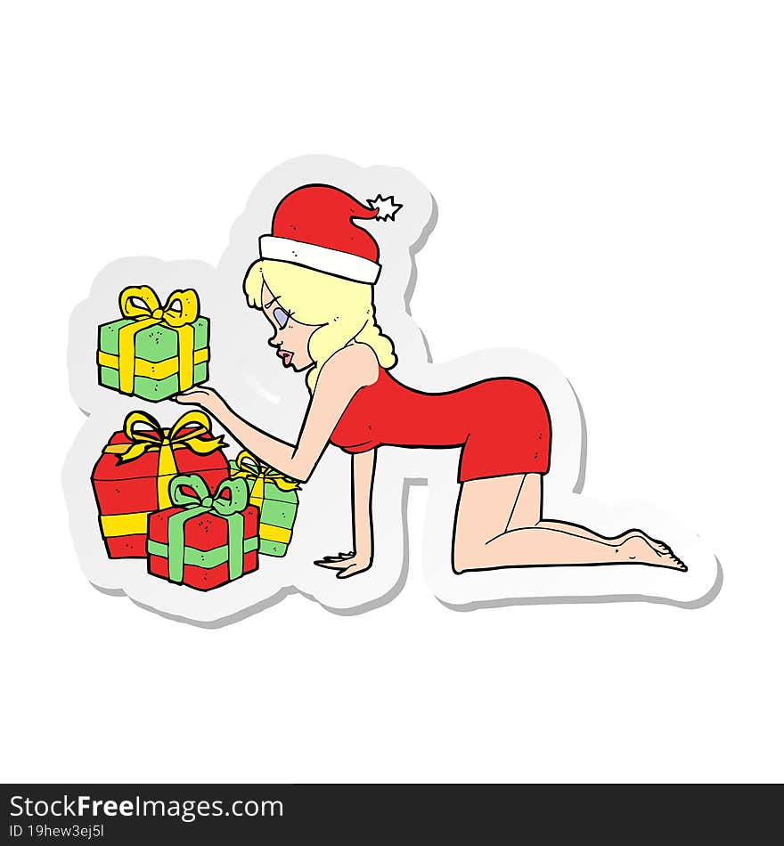 sticker of a cartoon woman opening presents