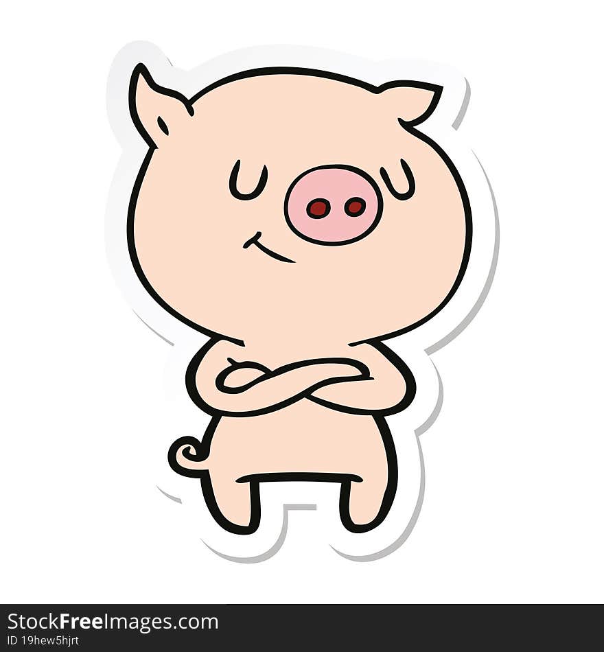 sticker of a happy cartoon pig with crossed arms