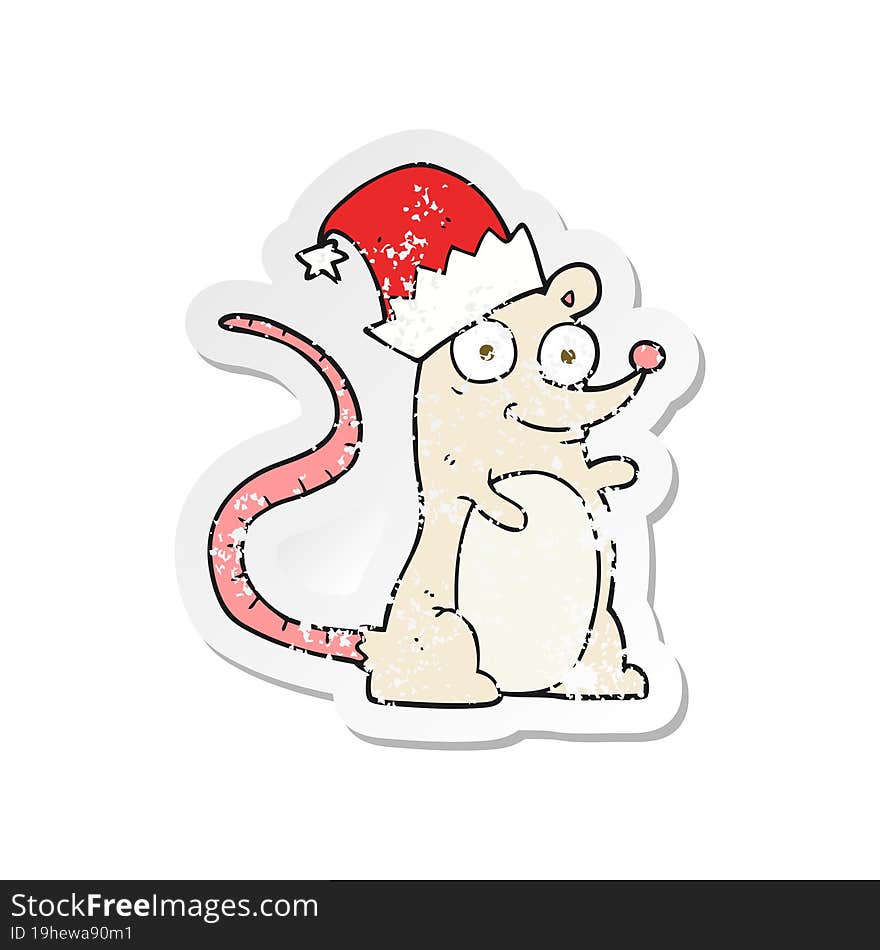 retro distressed sticker of a cartoon mouse wearing christmas hat