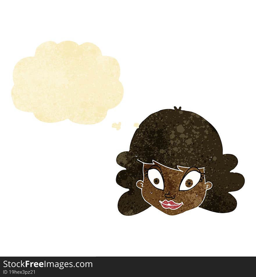 cartoon happy female face with thought bubble