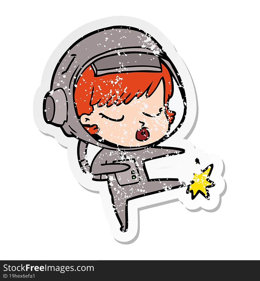 Distressed Sticker Of A Cartoon Pretty Astronaut Girl Karate Kicking