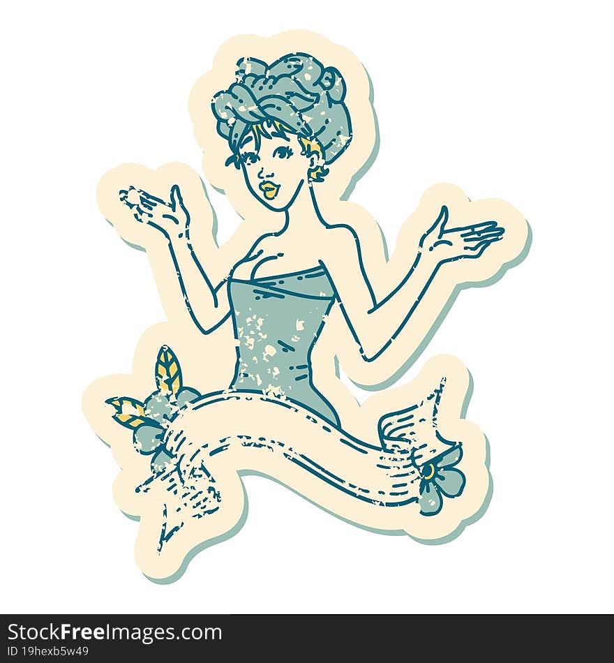 distressed sticker tattoo style icon of a pinup girl in towel with banner